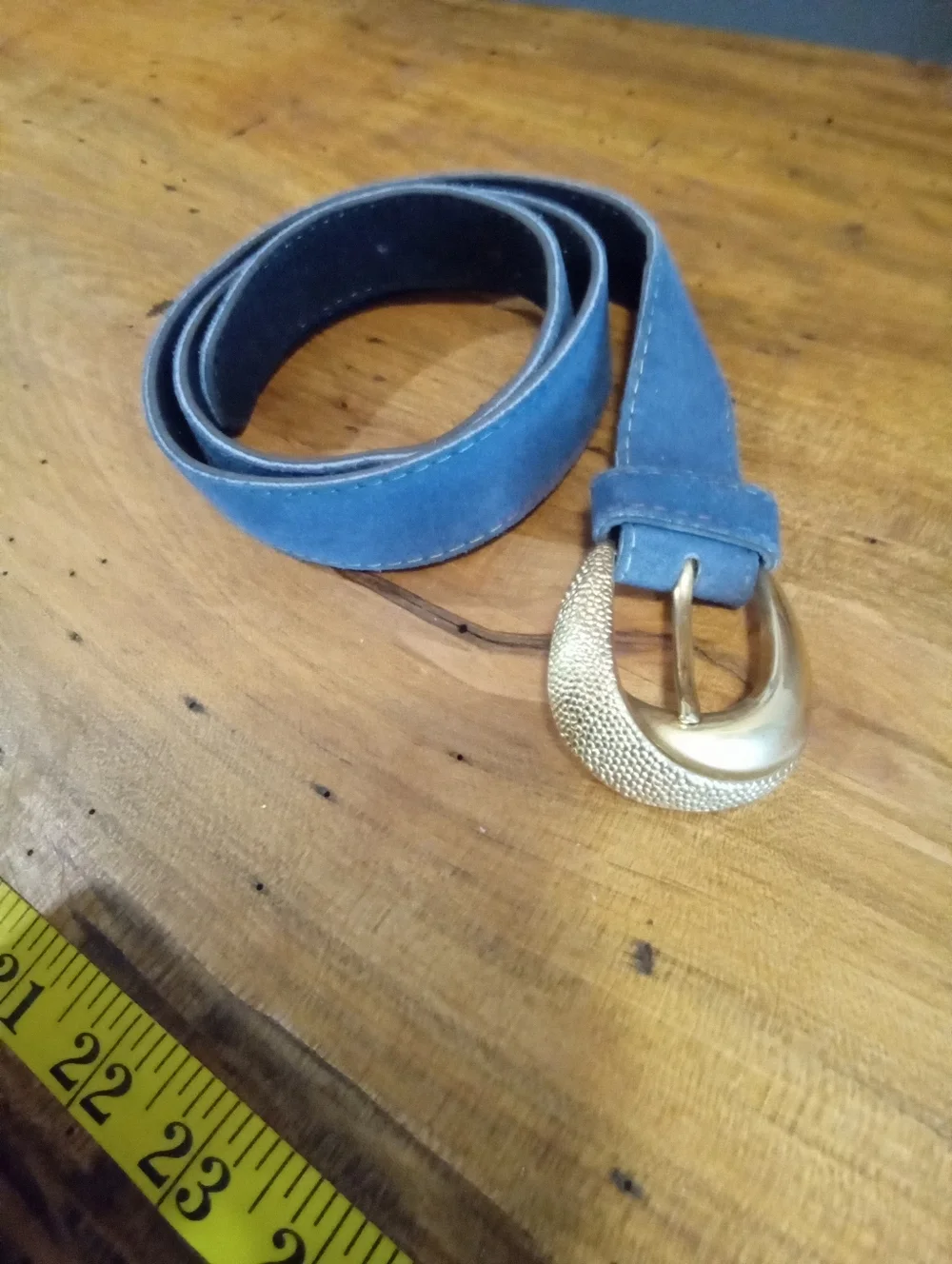 Vintage Blue Faux Suede Leather Belt with Gold-Tone Buckle
